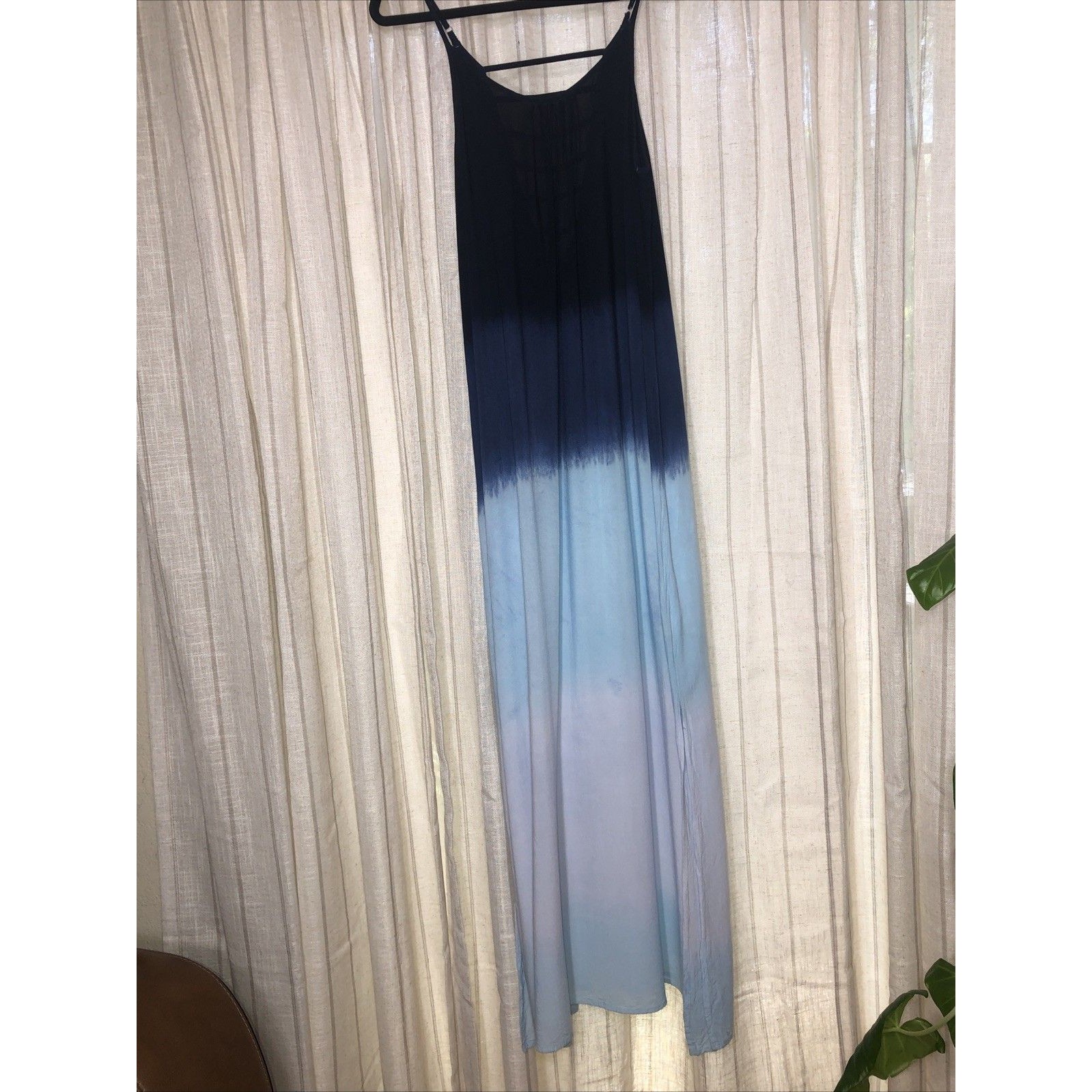 Rayon Spaghetti Strap Ombr Dip Dye Side Slits Maxi Sundress Blue White Large